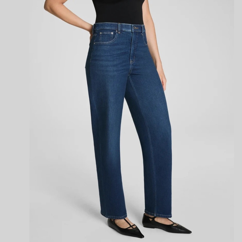 Spanxshape 90s Straight Leg Jeans Women L Adriatic Blue High Rise Tummy Control